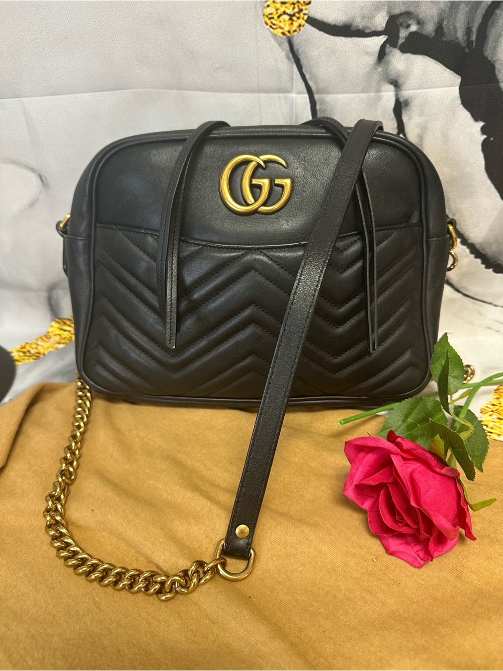 Gucci Marmong M Black Quilted Leather Crossbody Bag with Gold Double-G Accent